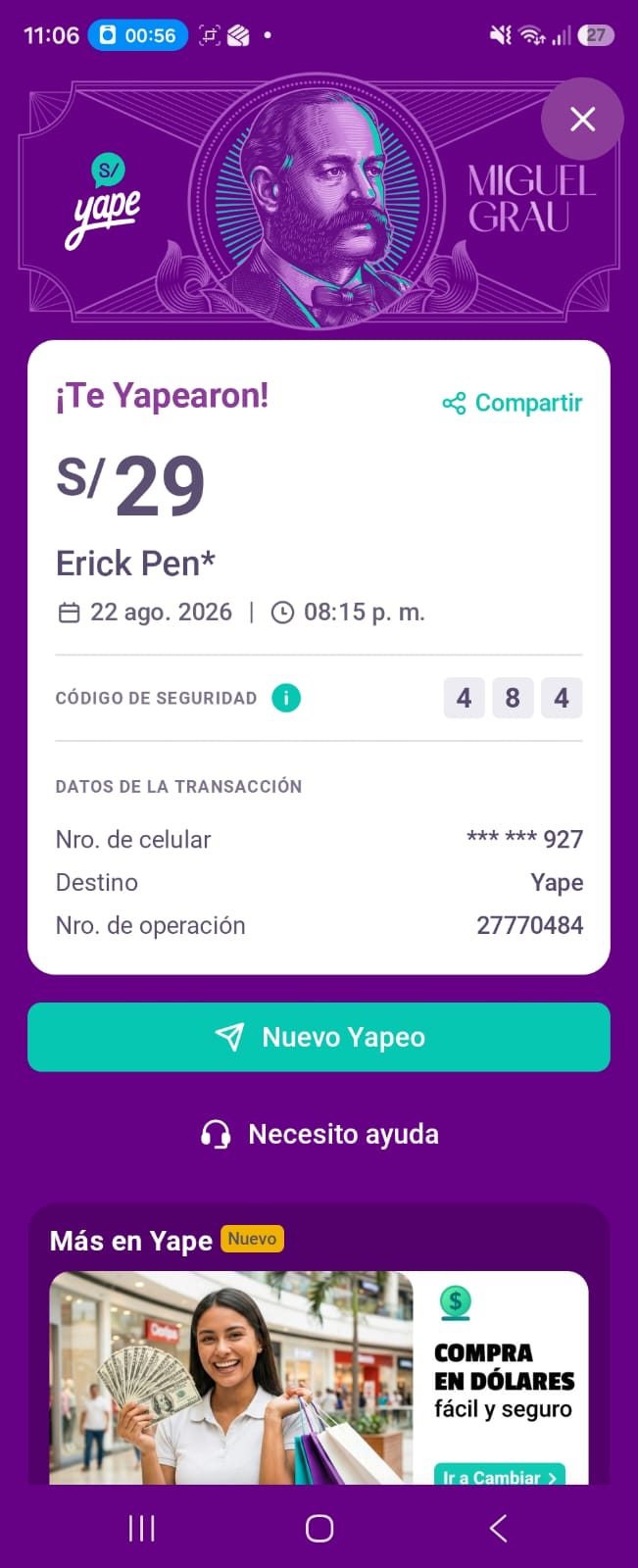 Comprobante de pago Yape número 14 de un cliente de Sonidos Eternos