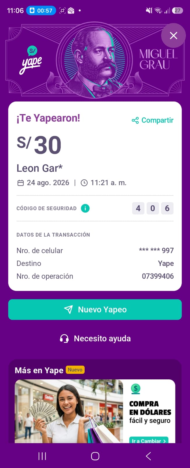 Comprobante de pago Yape número 8 de un cliente de Sonidos Eternos