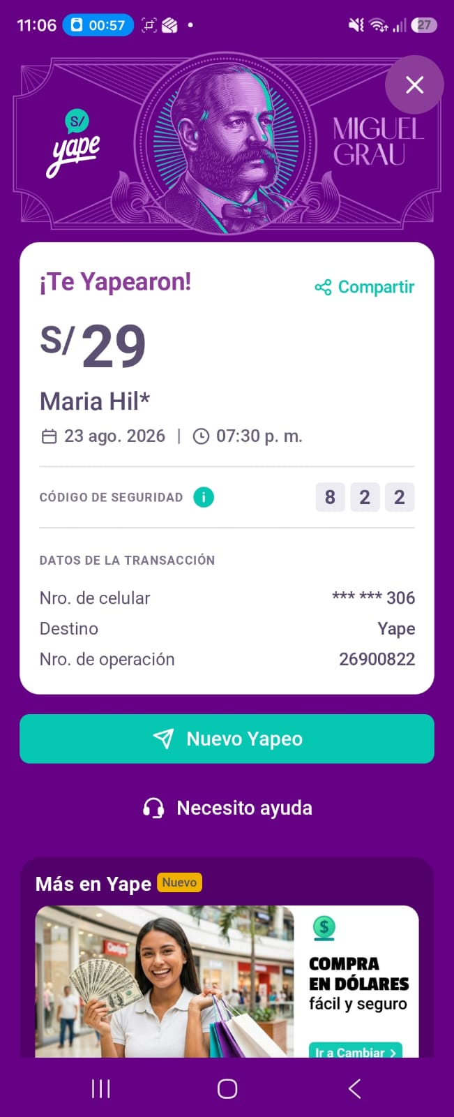 Comprobante de pago Yape número 5 de un cliente de Sonidos Eternos