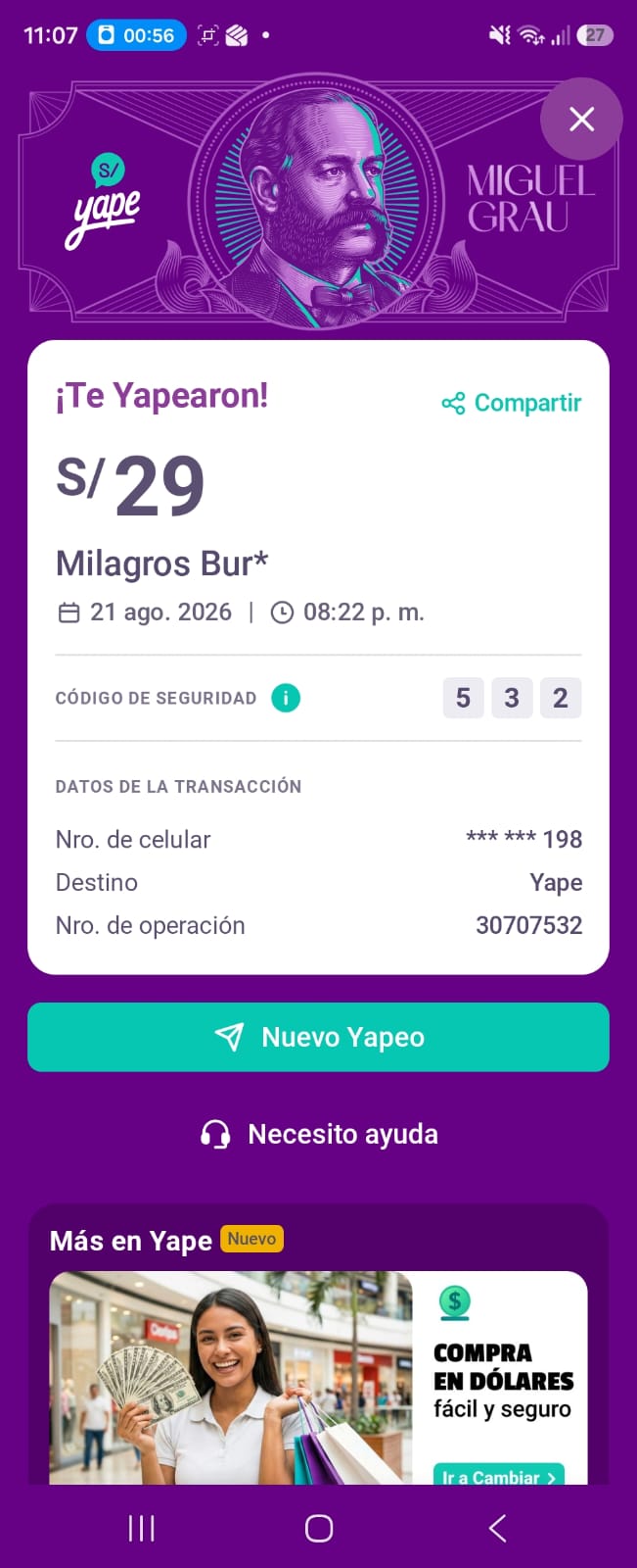 Comprobante de pago Yape número 2 de un cliente de Sonidos Eternos