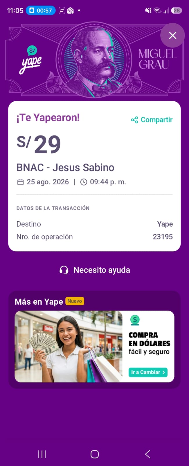 Comprobante de pago Yape número 18 de un cliente de Sonidos Eternos