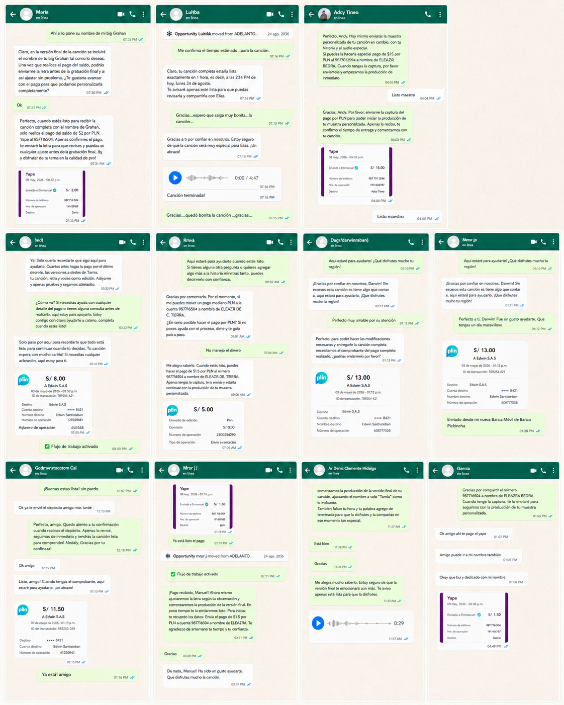 Collage de conversaciones reales de WhatsApp con clientes satisfechos de Sonidos Eternos, mostrando comprobantes de pago por Yape y Plin y mensajes de agradecimiento por sus canciones personalizadas