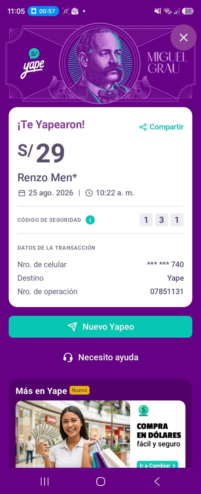 Comprobante de pago Yape número 16 de un cliente de Sonidos Eternos
